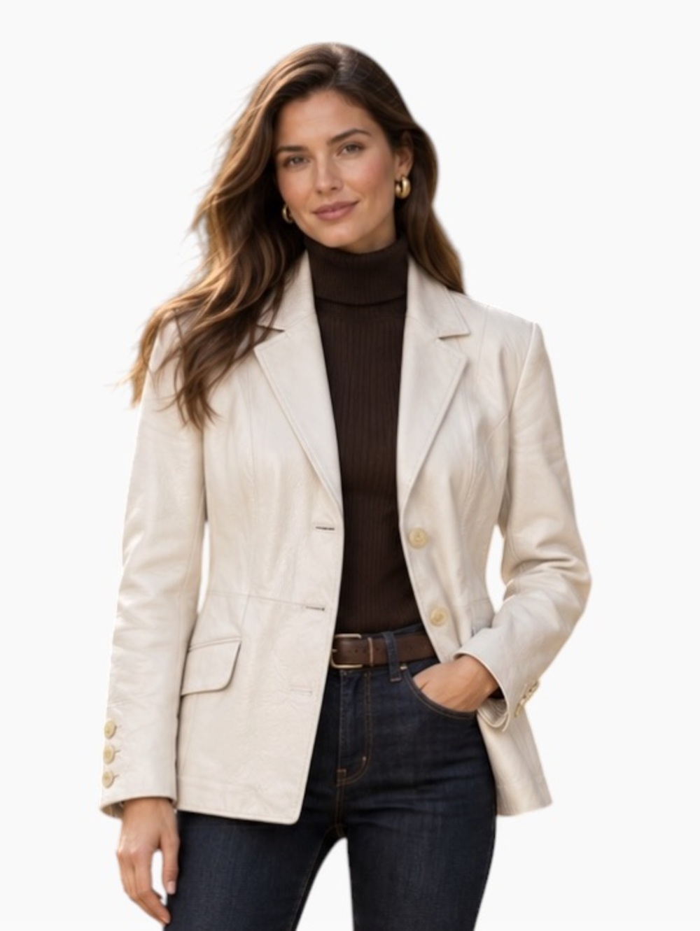 Terry Lewis Women's Cream Leather Blazer Size Medium Lined Classic Tailored